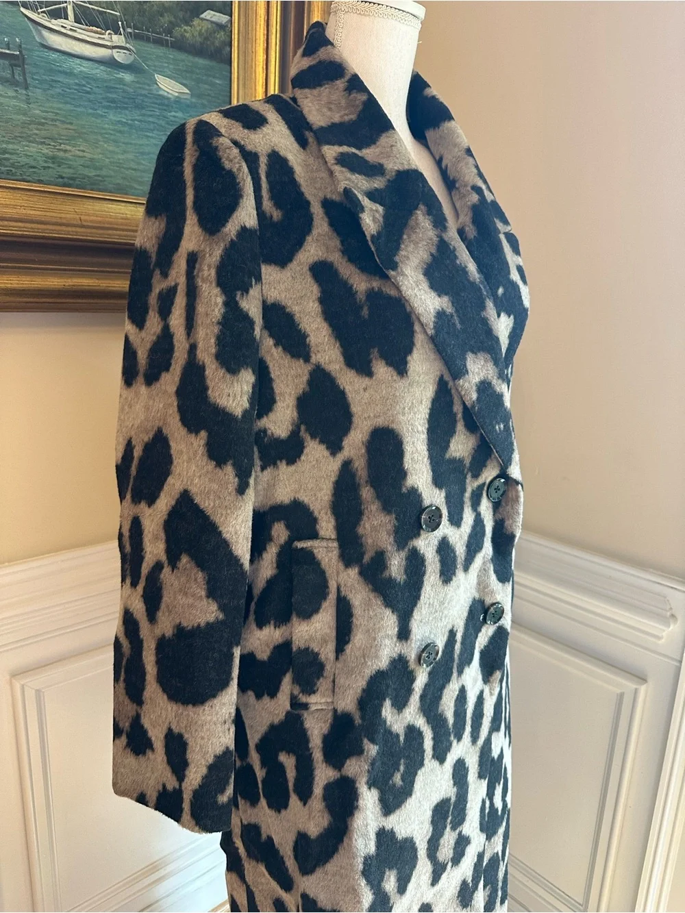 COMMENSE Wool Leopard Print Double Breasted Coat NWT